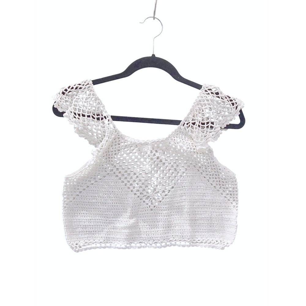 $20 EUC FOREVER 21 crochet tank shirt top M cream crochet summer daze surf layer - Picture 4 of 7
